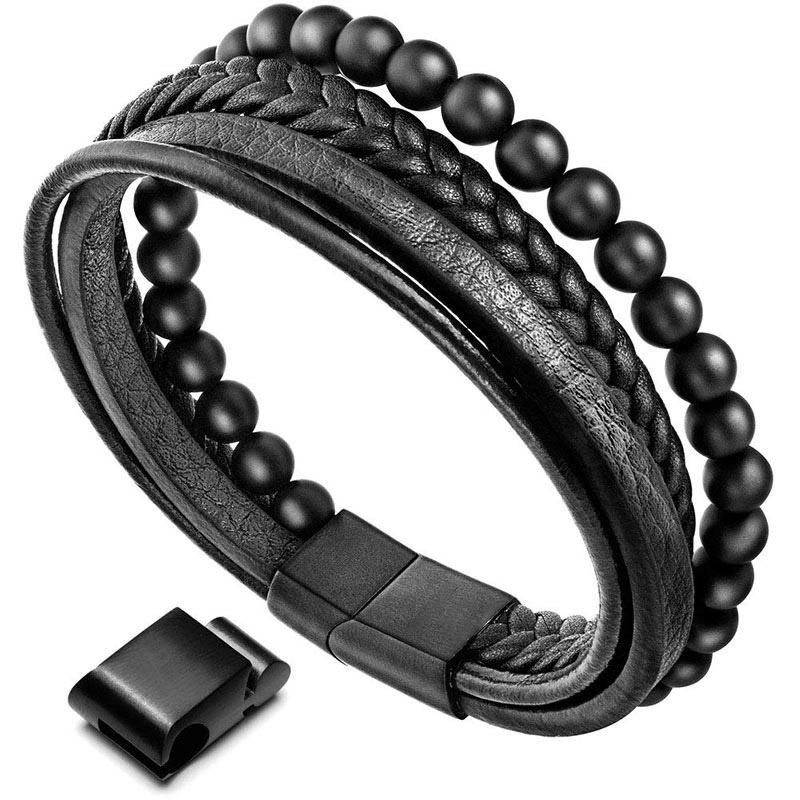 Lava Rock Black Onyx Bead Leather Bracelet