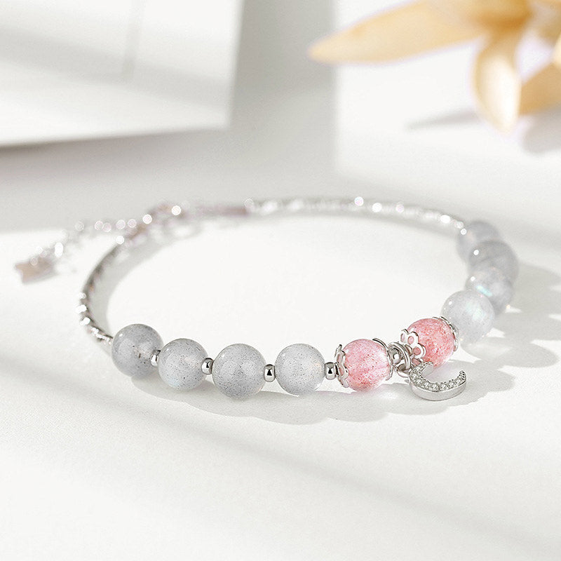 Strawberry Quartz Moonstone Moon Charm Bracelet by Worn Within