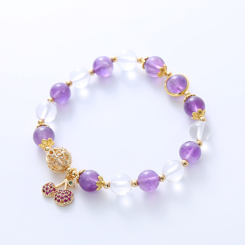 Amethyst White Crystal Cherry Charm Bracelet