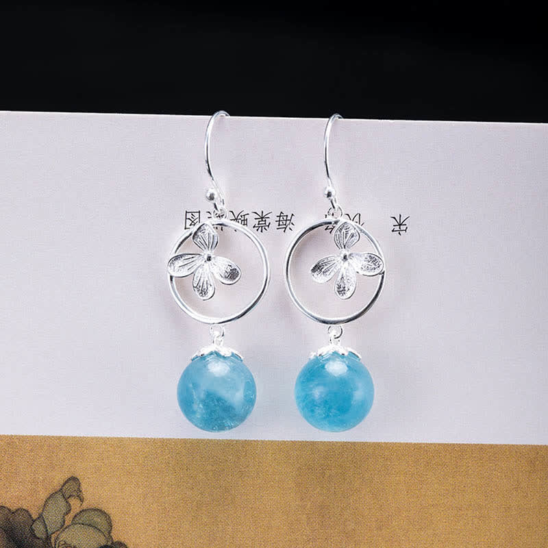 925 Sterling Silver Aquamarine Leaf Flower Earrings