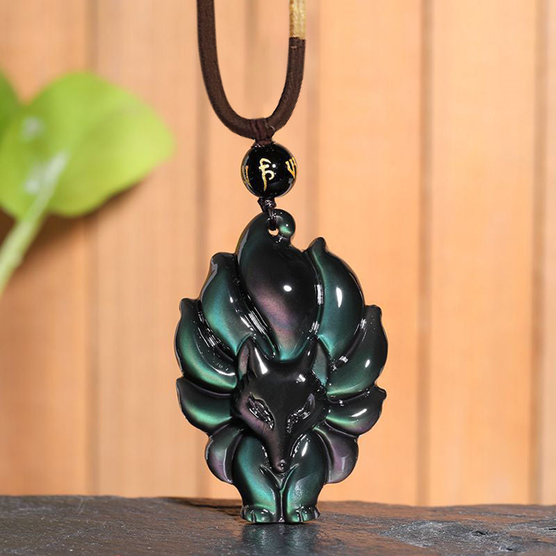 Obsidian Nine-Tailed Fox Pendant Necklace by Worn Within