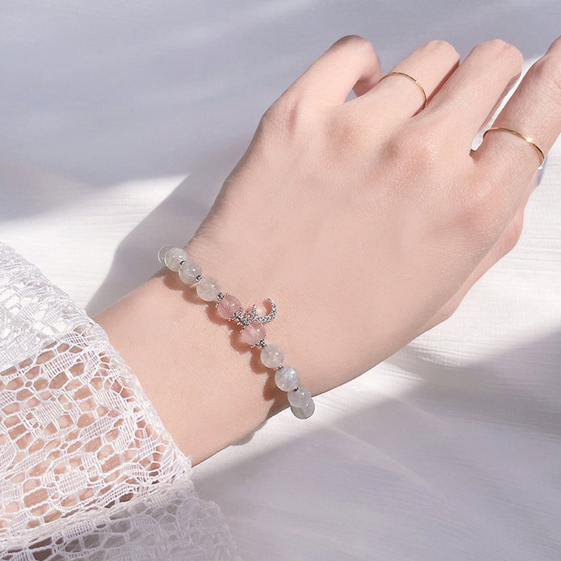 Strawberry Quartz Moonstone Moon Charm Bracelet