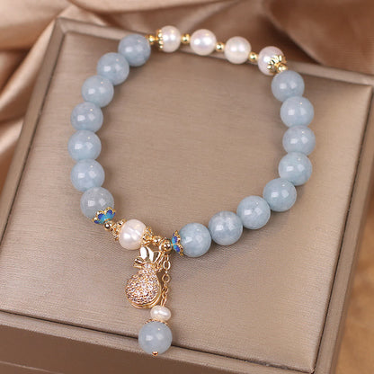 Aquamarine Pearl Money Bag Charm Bracelet