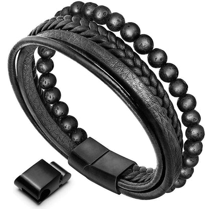 Lava Rock Black Onyx Bead Leather Bracelet