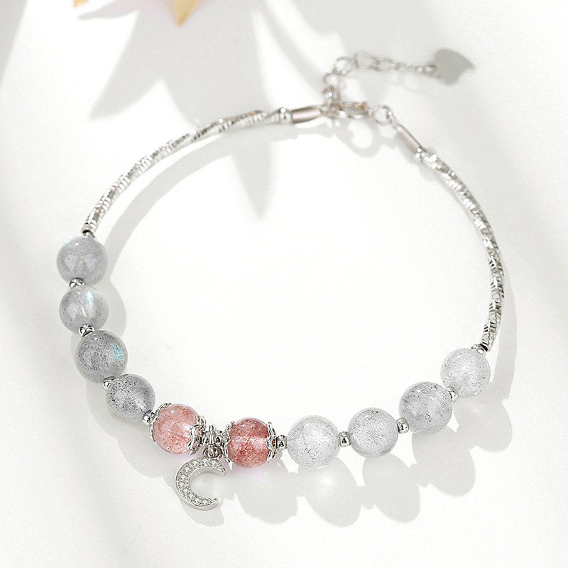 Strawberry Quartz Moonstone Moon Charm Bracelet