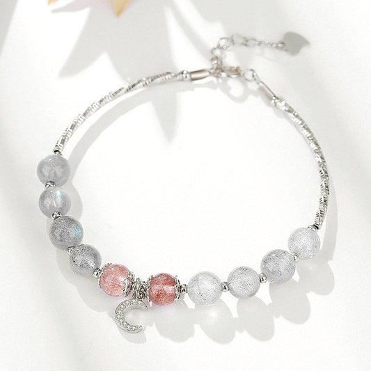Strawberry Quartz Moonstone Moon Charm Bracelet
