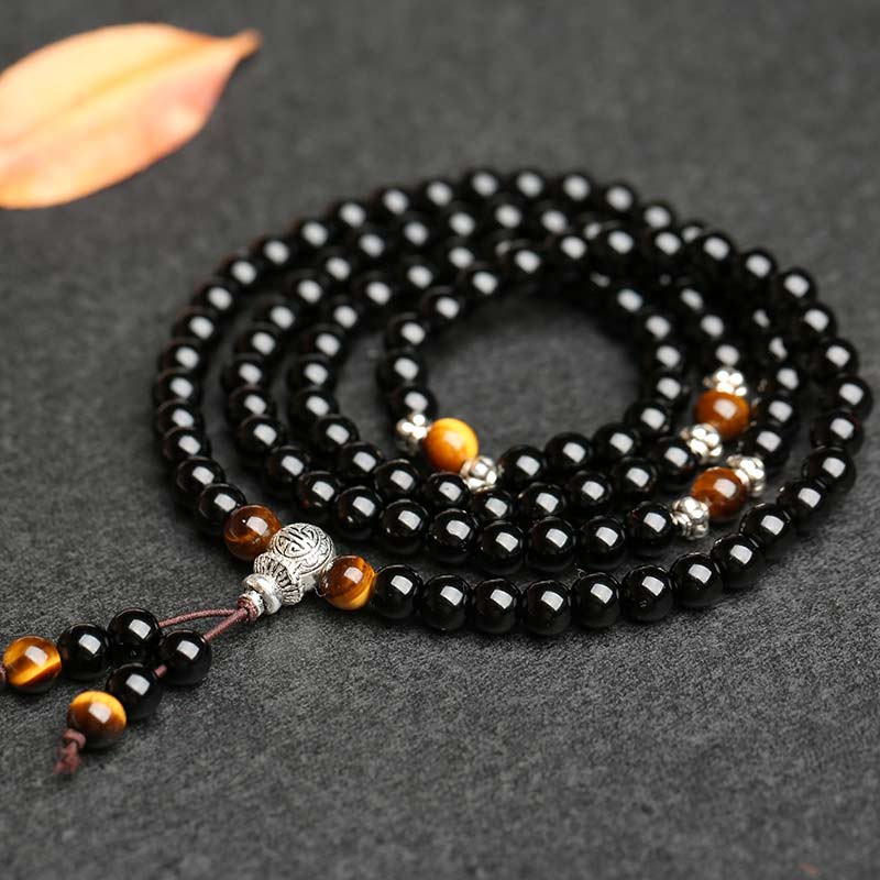 Black Obsidian Tiger's Eye Mala Bracelet