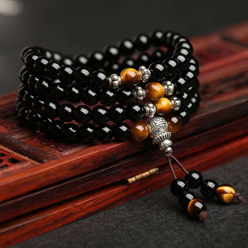 Black Obsidian Tiger's Eye Mala Bracelet by Worn Within