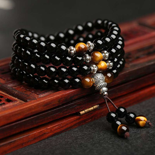 Black Obsidian Tiger's Eye Mala Bracelet by Worn Within