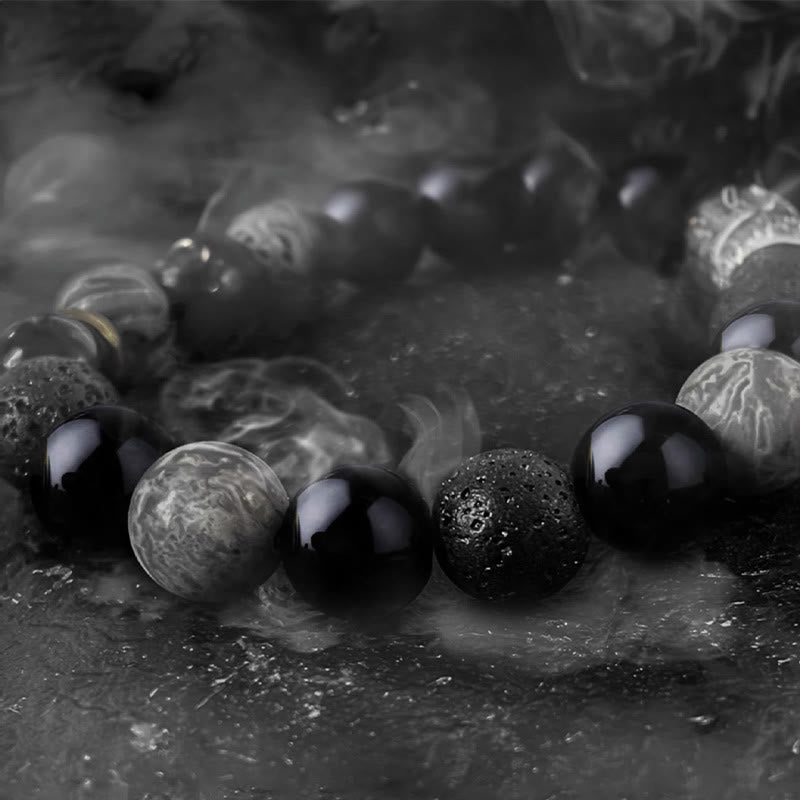Black Obsidian Lava Rock Yin Yang Bracelet