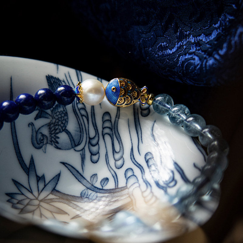 Aquamarine Lapis Fish Charm Bracelet