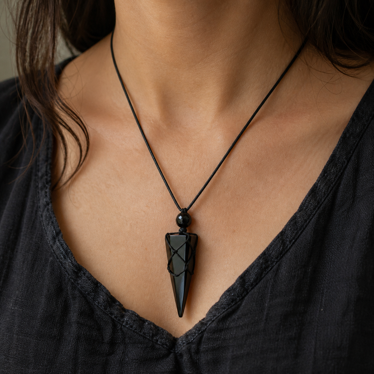 Shadow Shield Black Crystal Point Cord Necklace