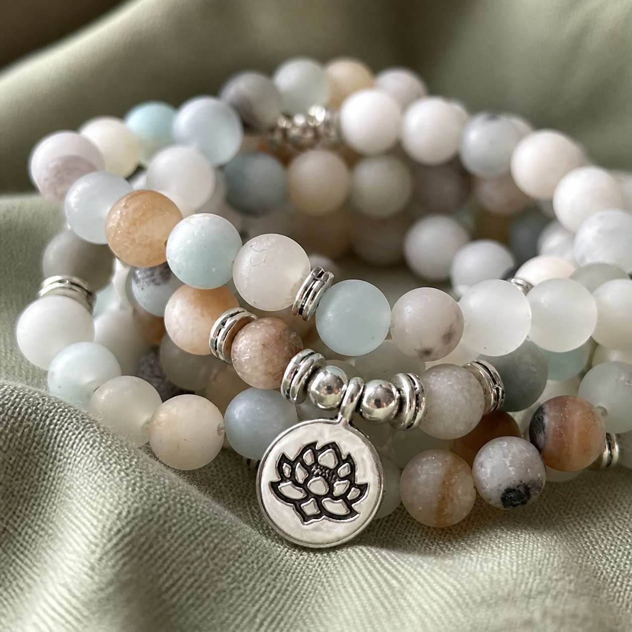 Serene Lotus Amazonite Mala Necklace & Wrap Bracelet