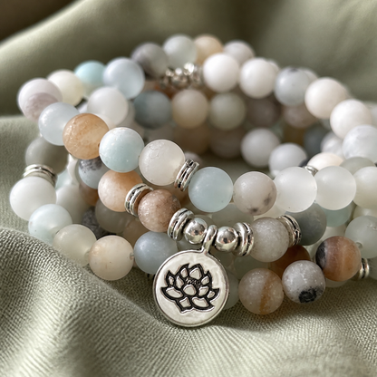 Serene Lotus Amazonite Mala Necklace & Wrap Bracelet