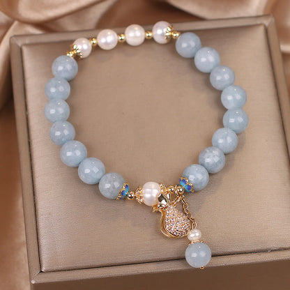 Aquamarine Pearl Money Bag Charm Bracelet