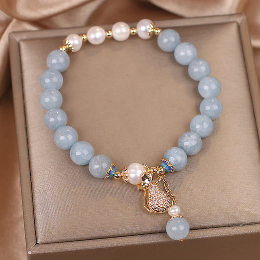 Aquamarine Pearl Money Bag Charm Bracelet