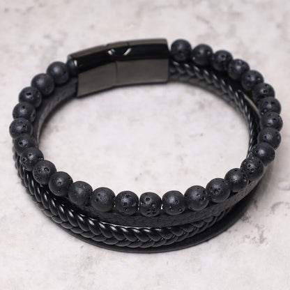 Lava Rock Black Onyx Bead Leather Bracelet