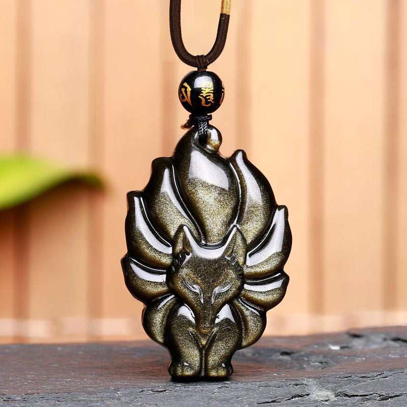 Obsidian Nine-Tailed Fox Pendant Necklace