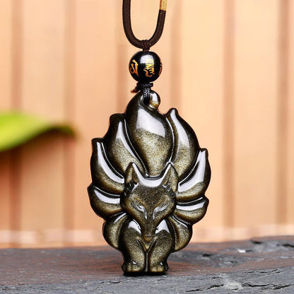 Obsidian Nine-Tailed Fox Pendant Necklace